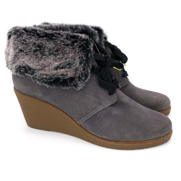 Cole Haan Coralie Wedge Waterproof Suede Gray Faux Fur Boot W11714 Women's 8.5B - Picture 3 of 5